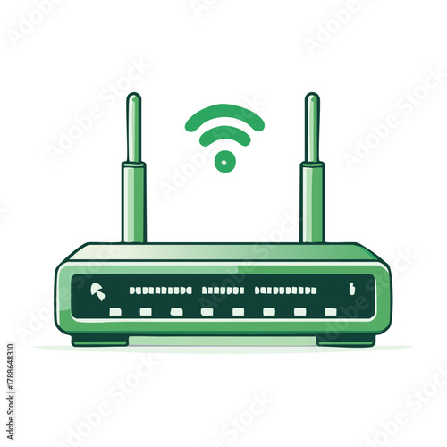 Cartoon green Wi-Fi router with antennas and wireless signal icon, internet connectivity