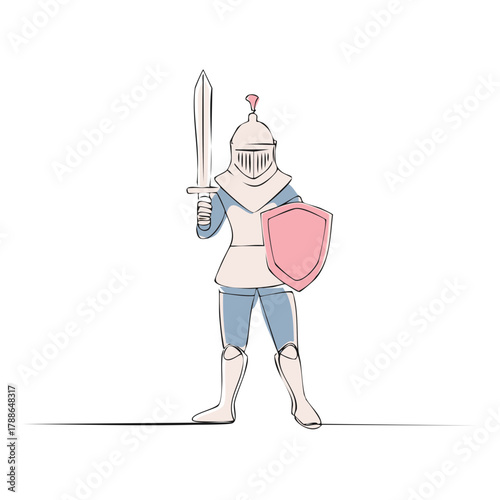 Stylized knight in armor holding sword and shield simple line art drawing