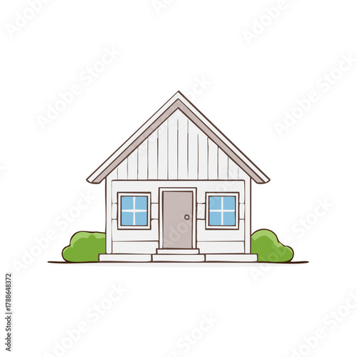 Simple cartoon drawing of a white house with green bushes and blue windows