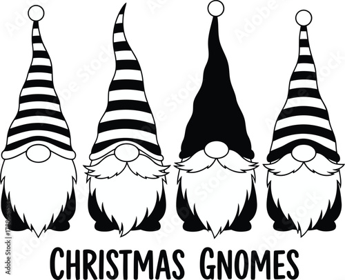 Charming graphic illustration of festive gnomes with striped and solid hats for holiday cheer