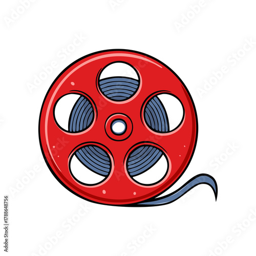 Vibrant red film reel with blue movie film for cinema, filmmaking, and entertainment illustration concept