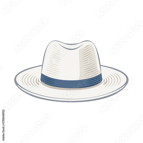 Elegant white Panama hat with blue band classic style illustration for summer fashion