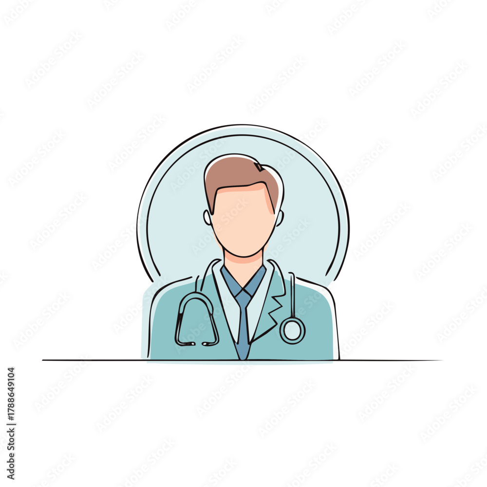 Fototapeta premium Professional medical practitioner avatar with stethoscope and blue lab coat in modern flat design