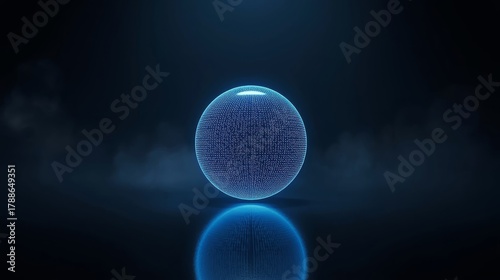 Glowing blue sphere with reflection on dark background creates a futuristic look