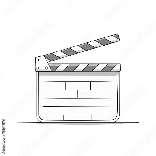Classic movie clapboard with striped sticks, open and ready for action, simple line art.