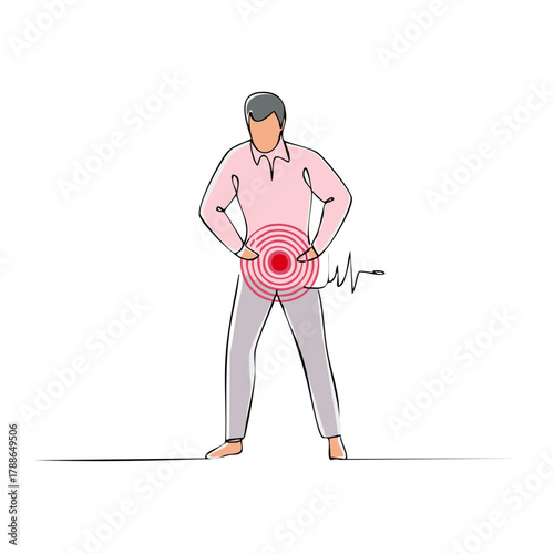 Man experiencing abdominal pain with a graphic representation of discomfort emanating from his midsection