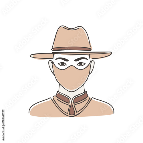 Man wearing a wide brim hat and face mask with distinct collar stylized line art illustration