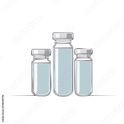 Three glass medical vials with liquid and silver caps lined up in varying sizes and styles