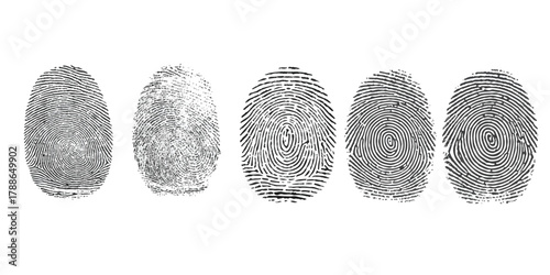 Multiple diverse human fingerprints set on a clean white background isolated on white background