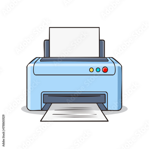 Light blue office printer machine producing a document with paper input and output