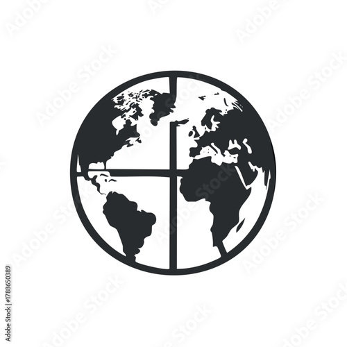 Earth globe map icon with Christian cross representing worldwide religion and spirituality