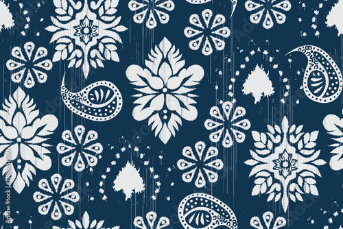 Damask seamless pattern, Ikat floral seamless pattern background, vector illustration, Ikat ethnic oriental embroidery, Aztec style, baroque. Design for texture, fabric, clothing, decoration, fashion