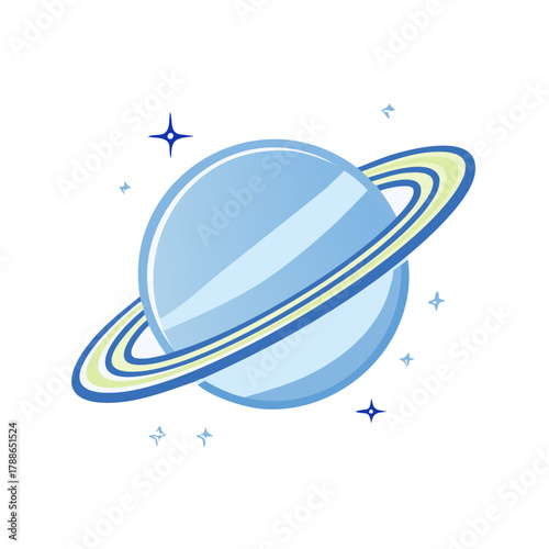 Stylized blue planet with colorful rings and stars vector cartoon illustration for space or astronomy themes