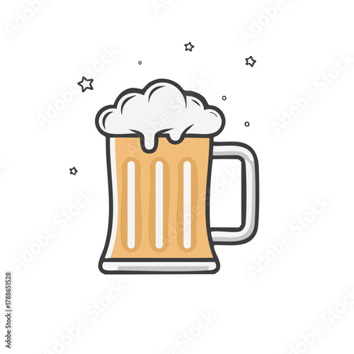 Stylized mug overflowing with foamy beer and celebratory stars