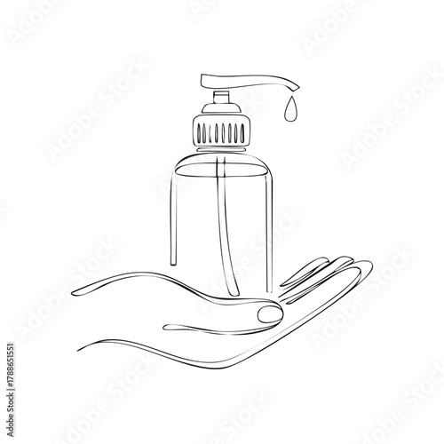 Hand holding dispenser with liquid drop hygiene concept line art illustration