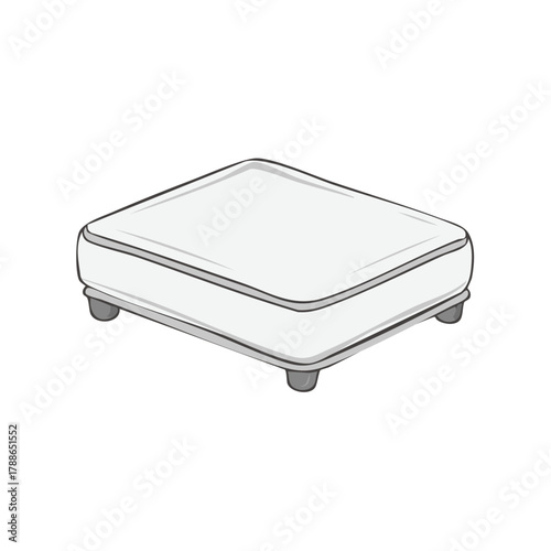 Simple white upholstered ottoman or footstool with rounded legs in a clean line drawing style
