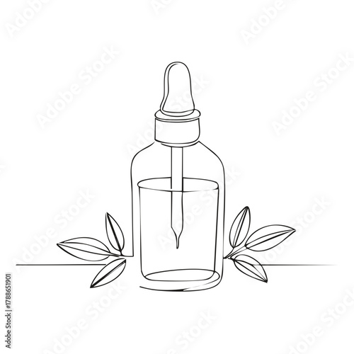 Minimalist continuous line drawing of a glass dropper bottle with liquid and surrounding leaves