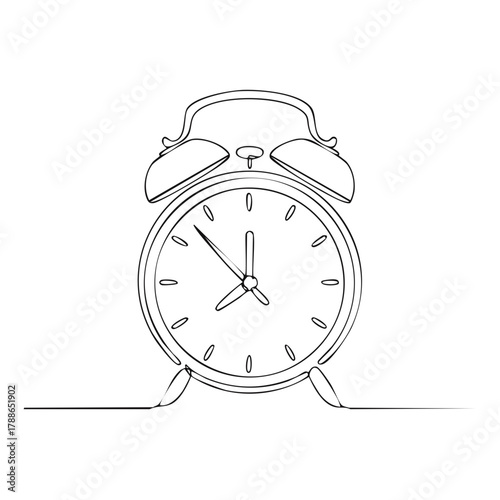 Alarm clock in continuous line drawing style with simple minimalist design