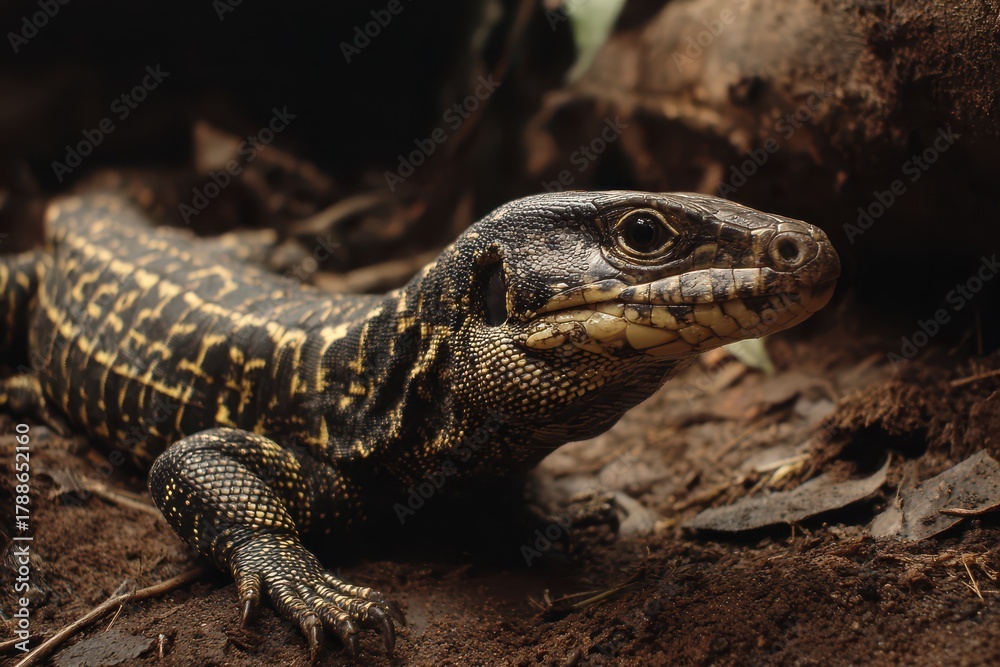 Naklejka premium Golden Tegu: A Stunning Reptile on the Forest Floor Amidst Tropical Vegetation