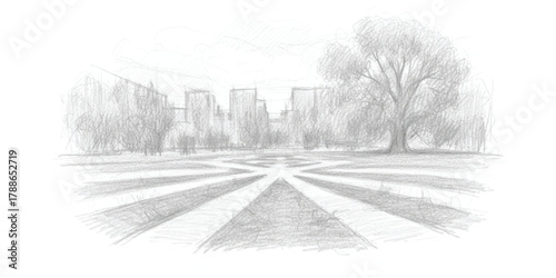 Pencil sketch of an urban park with a majestic tree and city skyline background.