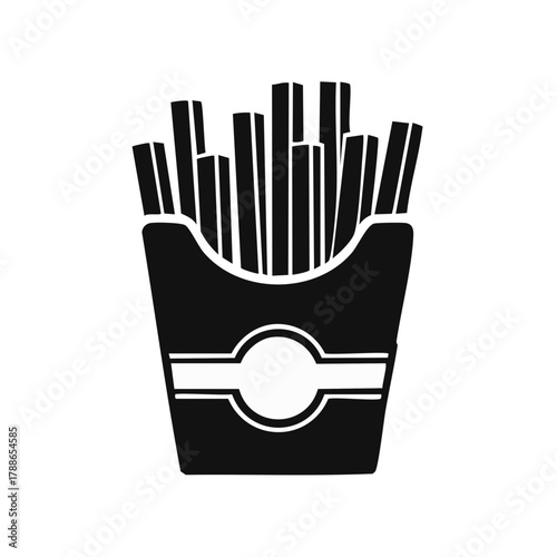 Black and white icon of french fries in a paper container with a decorative band