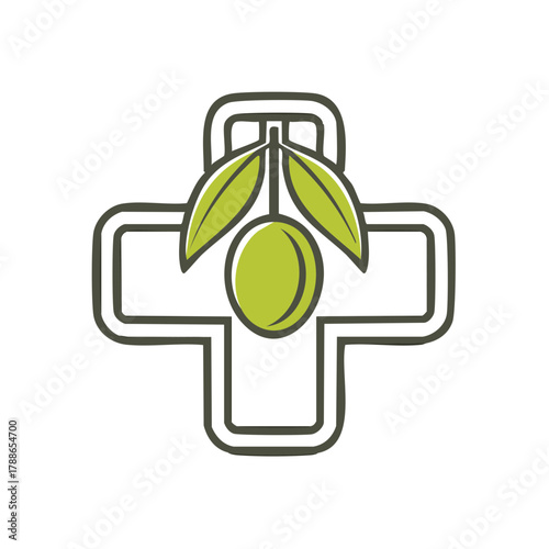 Olive and leaves with a cross symbol representing natural health, herbal medicine, and wellness