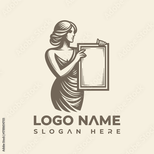 Classic muse goddess holding a picture frame elegant company logo vector template