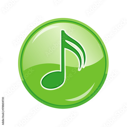 Vibrant green musical note icon in a glossy circle button for sound audio player and melody