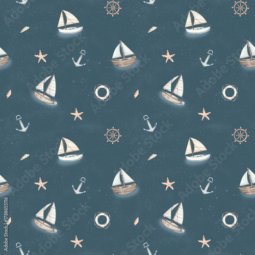 pattern with watercolor ships