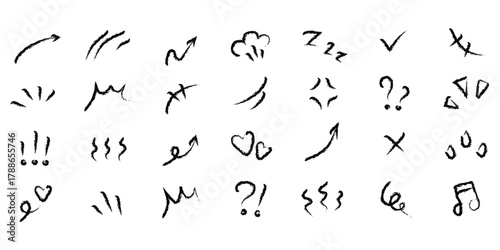 Line movement chalk effect element, cartoon emotion icon vector. Hand drawn cute doodle line element arrow, emphasis, shock, sparkle symbol. vector illustration.