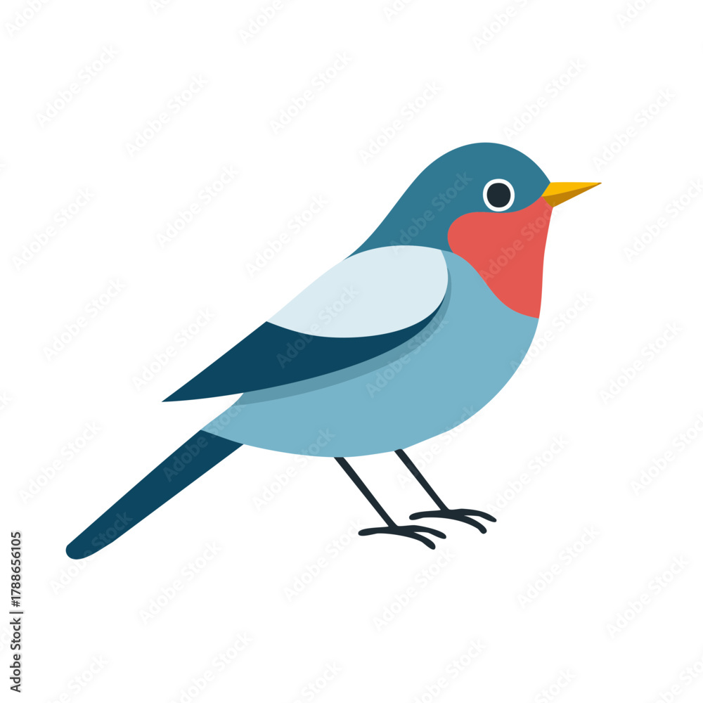 Obraz premium Stylized blue and red bird illustration standing on delicate legs with a bright yellow beak