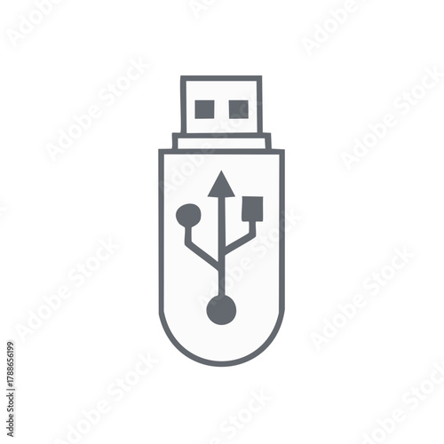 Simple gray line art icon of a USB flash drive with a USB symbol inside