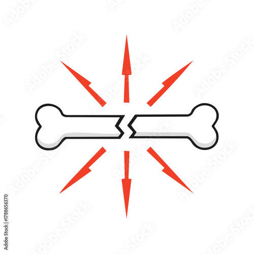 Broken bone illustration with radiating red arrows indicating injury and medical pain