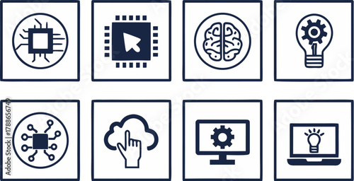 AI Research and Technology Icons Robot and Brain