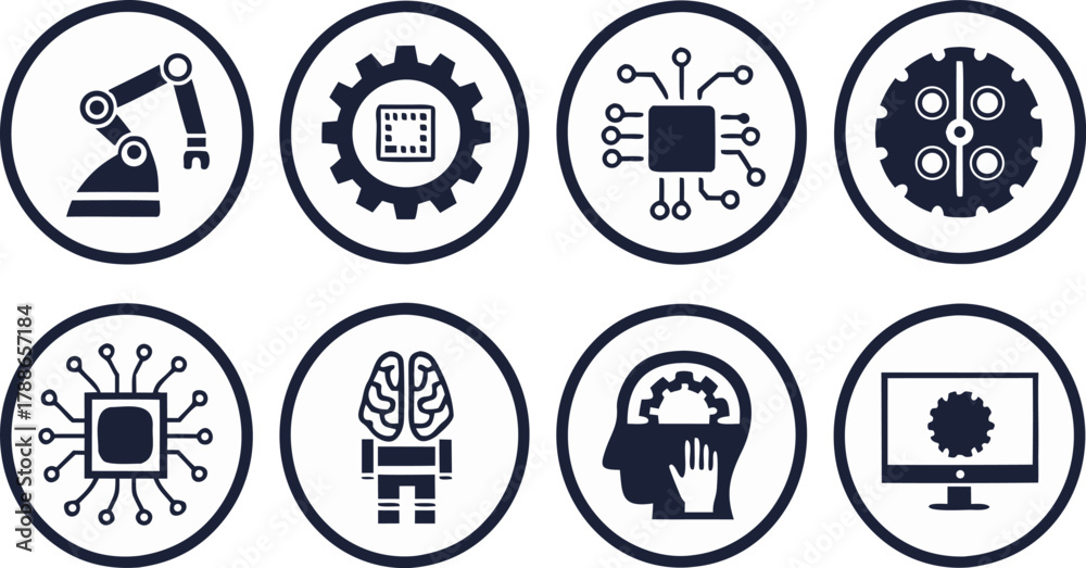 Fototapeta premium Modern AI Automation Icons Robot Arm Gear