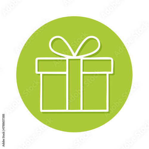 Simple white line art gift box with ribbon icon on a bright green circle background