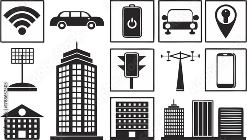 Smart City Vector Icons Black and White Minimalist