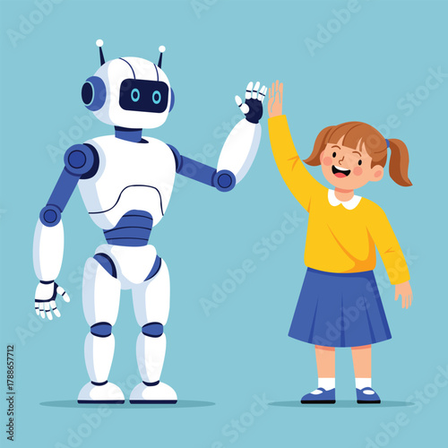 A happy girl and a friendly robot giving each other a high five, celebrating technology and friendship in a modern world vector illustration