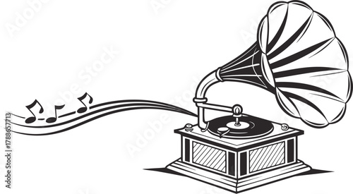 Vintage Gramophone Silhouette Swirling Vinyl Record