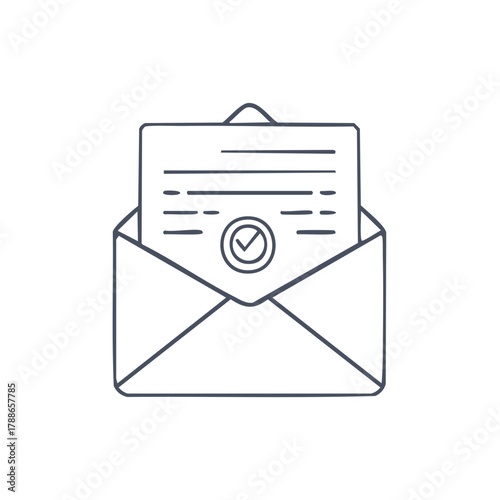 Open envelope with approved document and checkmark symbol inside line art illustration