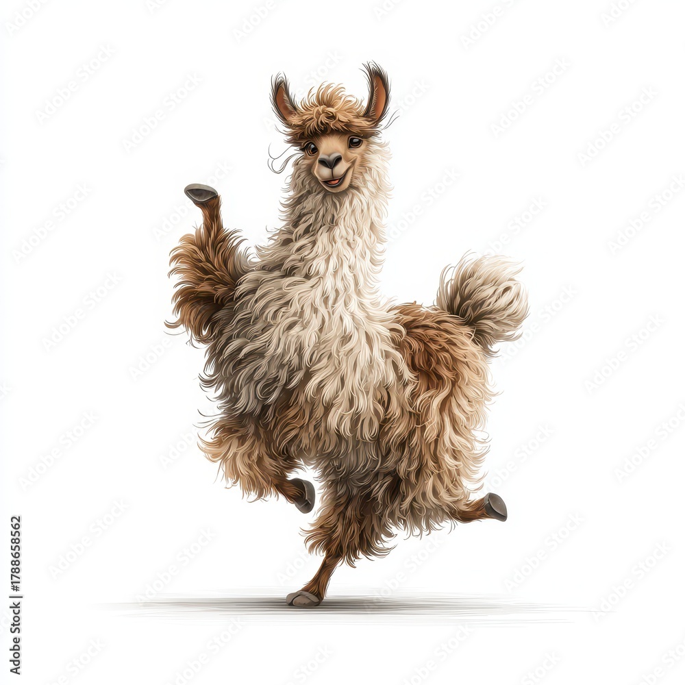 Obraz premium Joyful Llama: Whimsical Portrait of a Cheerful Dancing Llama on a White Background