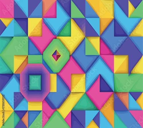 A vibrant geometric pattern with colorful triangles and squares arranged in a playful and eyecatching design