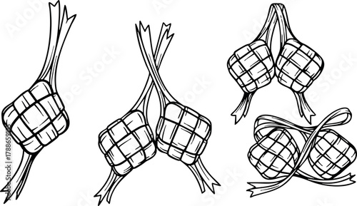 Ketupat traditional rice cake woven palm leaf pouch Indonesian festive food symbol vector illustration