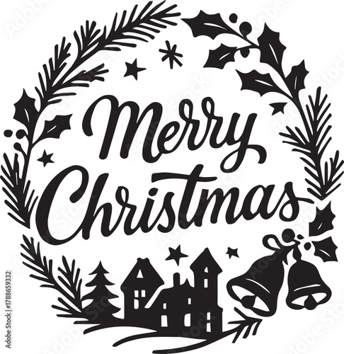 circular “Merry Christmas” wreath silhouette vector, pine branches, holly leaves with berries, hanging bells tied with a bow, For a postcard, banner, window, wall decor, paper cutting,