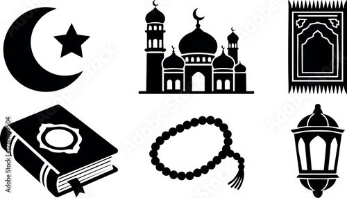 Islamic religious symbols including mosque, crescent star, prayer rug, Quran, tasbih, and lantern vector collection