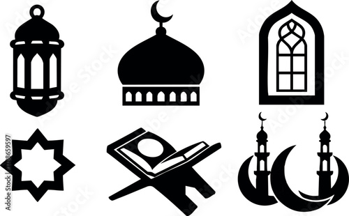 Islamic religious symbols set with mosque, crescent moon, lantern, star, Quran, and window vector illustration