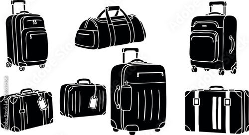 Various black silhouette travel luggage bags trolley suitcases and duffel bag vector collection