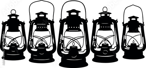 Vintage kerosene lanterns set in silhouette style black and white vector design for rustic decor and lighting themes