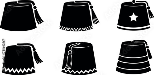 Fez Hat Collection with Tassels and Decorative Patterns Vector Icons Set for Traditional Headwear Design