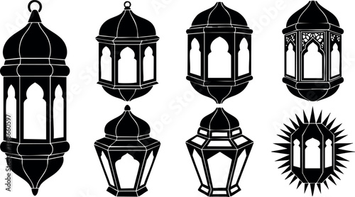 Islamic lantern silhouettes vector set with traditional arabic design elements for decoration and cultural themes